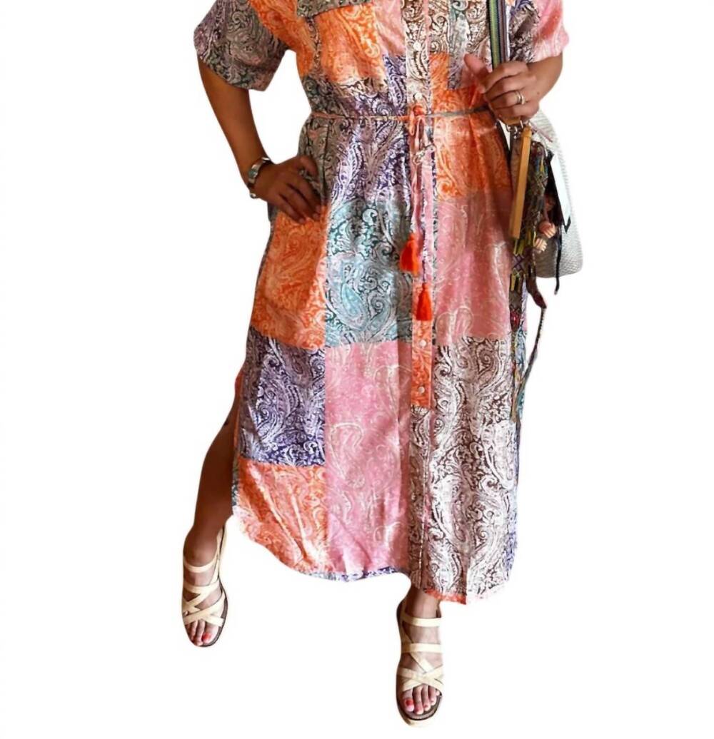 NEW ENTRO women's paisley patch midi dress in orange + purple + multi